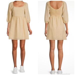 EVERY BABYDOLL DRESS WOVEN SMOCKED SQUARE NECK PUFF SLEEVE COLOR CHAI SIZE S